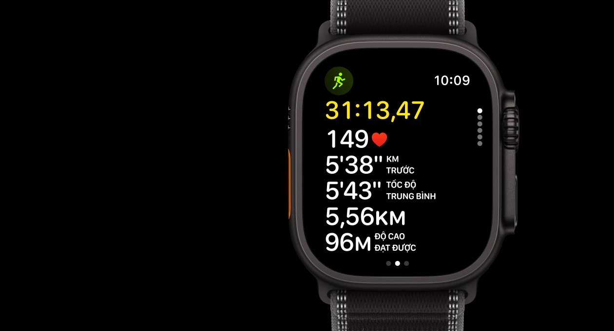 Apple Watch Ultra 3, black color, titanium case, Workout app, Outdoor Run, left side exterior, Action button, right side exterior, Digital Crown, side button, band, Trail Loop, black/charcoal color