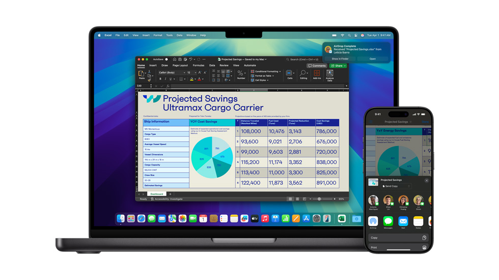 Hình ảnh máy Mac và iPhone đang hiển thị bài thuyết trình Keynote.