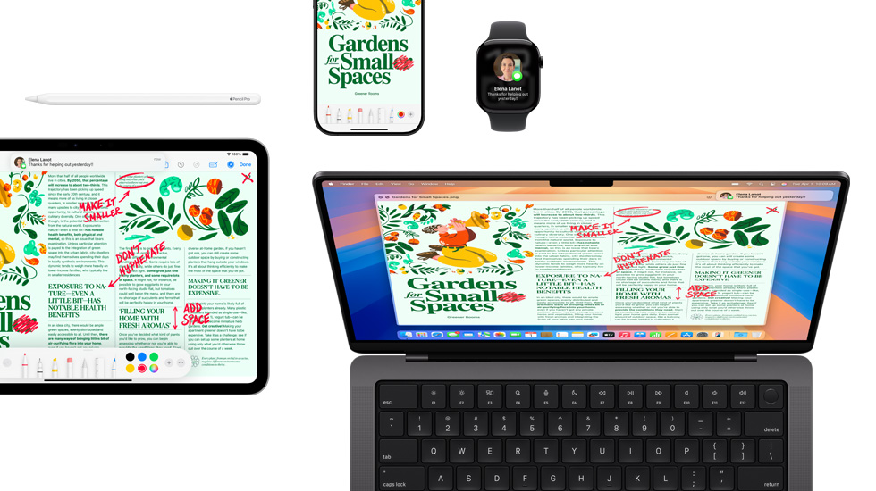 Một bộ thiết bị bao gồm iPad, iPhone, Watch và Mac, tất cả đều hiển thị cùng nội dung.