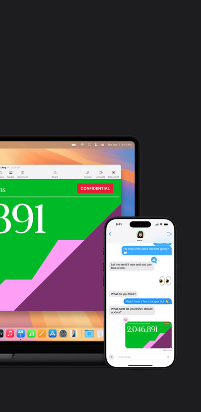 Hình ảnh máy Mac đang hiển thị bài thuyết trình. Phía trước máy Mac là iPhone với nội dung trao đổi bằng tin nhắn và bài thuyết trình được chia sẻ.