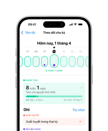 iPhone 16, mặt trước, giao diện người dùng hiển thị nội dung Sức Khỏe, Theo Dõi Chu Kỳ