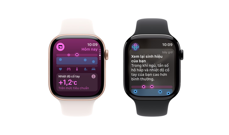Apple Watch Series 10, dây đeo Thể Thao màu trắng, giao diện người dùng hiển thị nội dung Sinh Hiệu, Nhiệt Độ Cổ Tay, bên cạnh đó là Apple Watch Series 10 thứ hai, dây đeo thể thao màu đen, giao diện người dùng hiển thị nội dung Sinh Hiệu, Nhiệt Độ Cổ Tay, Nhịp Tim, Phân Tích