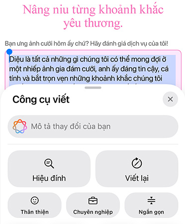 Tính năng Công Cụ Viết đang được sử dụng với các tùy chọn Hiệu Đính, Viết Lại, Thân Thiện, Chuyên Nghiệp và Ngắn Gọn