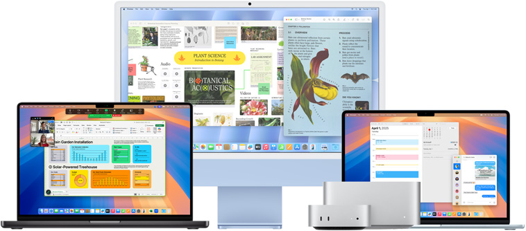 Mac Studio, Mac mini, MacBook Pro, MacBook Air, and iMac grouped facing forward