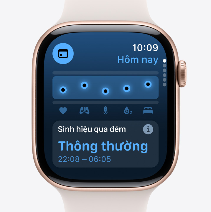 Ứng dụng Sinh Hiệu trên Apple Watch Series 10 cho thấy dữ liệu được thu thập qua đêm ở mức bình thường.