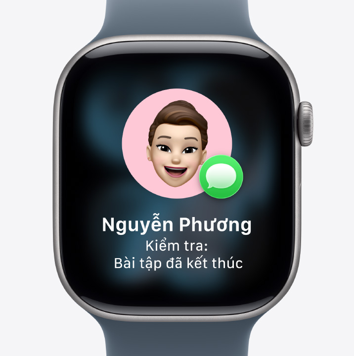 Apple Watch Series 11, aluminum case, silver color, Check In prompt, notification that friend finished their workout, Sport Band, anchor blue color